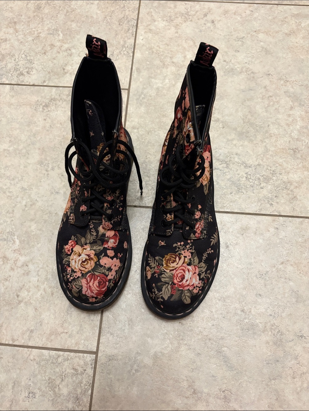 Dr. Martens Floral Lace-Up Women's Ankle Boots in Black and Rose